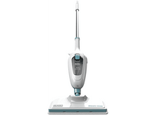 Charger l&#39;image dans la galerie, Balai vapeur blanc et turquoise, droit, avec une tête de nettoyage rectangulaire et une longue poignée.
