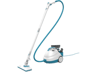 Nettoyeur vapeur blanc et bleu. Il a un long tuyau et une tête de nettoyage rectangulaire.