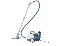 Charger l&#39;image dans la galerie, Un nettoyeur vapeur blanc et bleu avec un long tuyau et des accessoires fixés à une base à roulettes.
