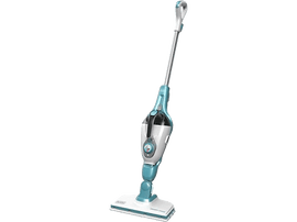 Une vadrouille à vapeur turquoise et blanche. Elle a une longue poignée et une tête de nettoyage rectangulaire.