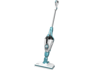 Une vadrouille à vapeur turquoise et blanche. Elle a une longue poignée et une tête de nettoyage rectangulaire.