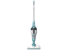 Charger l&#39;image dans la galerie, Un nettoyeur vapeur vertical turquoise et blanc, avec une longue poignée et une tête de nettoyage rectangulaire.
