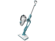 Charger l&#39;image dans la galerie, Un balai vapeur blanc et turquoise, avec un nettoyeur vapeur amovible, sur fond blanc.
