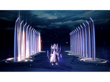 Charger l&#39;image dans la galerie, Scène futuriste avec personnage, piliers lumineux et sol sombre et réfléchissant.
