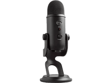 Charger l&#39;image dans la galerie, Microphone Blue Yeti noir sur un support. Commandes de volume et de sourdine. Fond noir.

