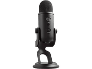 Microphone Blue Yeti noir sur un support. Commandes de volume et de sourdine. Fond noir.