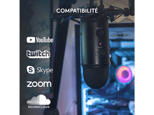 Charger l&#39;image dans la galerie, Un microphone noir, avec les logos YouTube, Twitch, Skype, Zoom et SoundCloud à côté.
