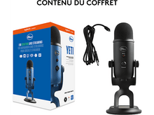Charger l&#39;image dans la galerie, Microphone Blue Yeti avec boîte et câble. La boîte affiche le microphone avec des illustrations.
