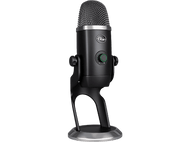 Un microphone Blue Yeti noir sur un support. Il a une tête en maille argentée et un bouton de volume.