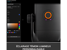 Charger l&#39;image dans la galerie, Un microphone noir avec indicateur lumineux personnalisable, avec une palette de couleurs affichée.
