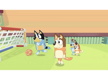 Charger l'image dans la galerie, Personnages de Bluey jouant au football. Un ballon de football est sur l'herbe verte. L'arrière-plan est une maison.

