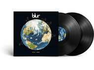 Pochette de l'album Blur avec globe et deux vinyles noirs.