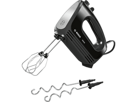 Un batteur à main Bosch noir avec deux batteurs. Le batteur est incliné vers la droite, sur fond noir.