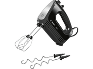 Un batteur à main Bosch noir avec deux batteurs. Le batteur est incliné vers la droite, sur fond noir.