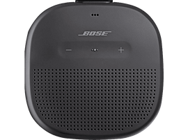 Enceinte portable Bose. Gris foncé, forme ovale avec boutons et grille de haut-parleur.