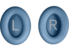 Charger l&#39;image dans la galerie, Deux coussinets d&#39;oreille bleu clair, avec marquages &#39;L&#39; et &#39;R&#39;, pour casque, sur fond noir.
