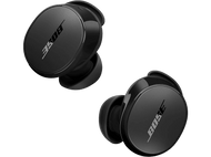 Deux écouteurs Bose noirs sur fond noir. Le logo est visible sur chaque écouteur.