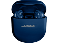 Étui d'écouteurs bleu avec écouteurs à l'intérieur. Le logo BOSE est visible sur l'étui.