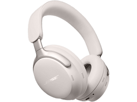 Gros plan sur un casque Bose blanc. Ils ont un design incurvé et des accents argentés.