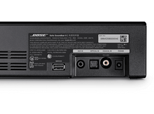 Charger l&#39;image dans la galerie, L&#39;arrière d&#39;une barre de son noire avec des ports, sur fond blanc.
