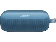 Enceinte portable Bose bleue. Forme rectangulaire, avec le logo Bose sur le devant et une poignée latérale.
