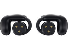 Charger l&#39;image dans la galerie, Paire d&#39;écouteurs noirs. Chaque écouteur a un design arrondi avec un accent doré.
