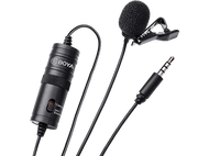 Micro cravate noir avec clip noir, attaché à un câble noir et prise jack 3,5 mm.