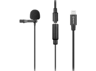 Un microphone noir avec un capuchon en mousse, connecté à un câble avec un connecteur Lightning.