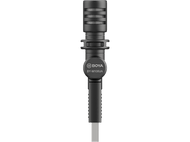 Microphone noir avec le logo 'BOYA'. Le microphone est cylindrique avec une connexion USB-C.
