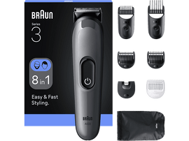 Kit de tondeuse Braun Series 3 avec accessoires et détails du produit sur la boîte.