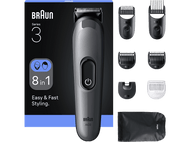 Kit de tondeuse Braun Series 3 avec accessoires et détails du produit sur la boîte.