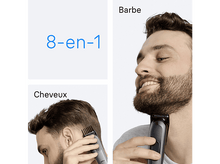 Charger l&#39;image dans la galerie, Homme se rasant la barbe et les cheveux avec une tondeuse, texte : 8-en-1, cheveux, barbe.
