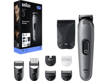 Charger l&#39;image dans la galerie, Boîte Braun All-in-One Series 3 avec tondeuse et accessoires. Sont inclus différentes têtes et un sac noir.
