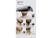 Charger l&#39;image dans la galerie, Une image présentant la tondeuse avec des plans détaillés de la lame et de la tondeuse utilisée sur des barbes.
