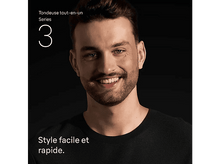 Charger l&#39;image dans la galerie, Un homme souriant, avec une barbe, sur fond noir, faisant la publicité d&#39;une tondeuse.
