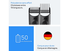 Charger l&#39;image dans la galerie, Deux accessoires noirs pour tondeuse à cheveux. Texte indique 14 longueurs. Icône batterie 50 min.
