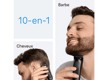 Charger l&#39;image dans la galerie, Homme utilisant une tondeuse sur sa barbe et sa tête. Texte : 10-en-1, Cheveux, Barbe. Fond blanc.
