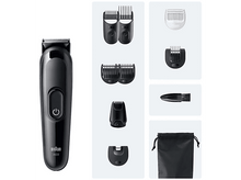 Charger l&#39;image dans la galerie, Tondeuse à barbe Braun noire avec accessoires. Comprend des peignes, une brosse et un sac de rangement.
