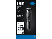 Charger l&#39;image dans la galerie, Tondeuse à barbe Braun Series 3 noire sur fond blanc. L&#39;emballage indique plusieurs accessoires.
