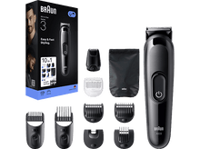 Charger l&#39;image dans la galerie, Tondeuse Braun All-in-One Series 3 avec accessoires et boîte. Palette de couleurs noire et grise, visages d&#39;hommes.
