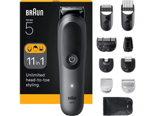 Charger l&#39;image dans la galerie, Tondeuse à barbe Braun Series 5 avec accessoires, boîte noire et diverses options de coiffure.
