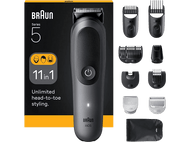Tondeuse à barbe Braun Series 5 avec accessoires, boîte noire et diverses options de coiffure.