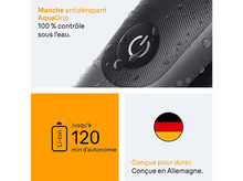 Charger l&#39;image dans la galerie, Gros plan sur un rasoir électrique noir et gris avec des gouttelettes d&#39;eau, montrant le bouton d&#39;alimentation et AquaGrip.
