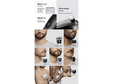 Charger l&#39;image dans la galerie, Fonctionnalités de la tondeuse Braun et visages d&#39;hommes. Inclut SkinGuard, lame ultra-tranchante, AquaGrip et styles de rasage.
