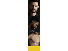 Charger l&#39;image dans la galerie, Visages d&#39;hommes avec code QR. Homme supérieur avec barbe, homme du centre avec barbe et torse nu. Fond jaune.
