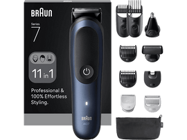 Kit de toilettage pour hommes Braun Series 7. Comprend une tondeuse, des accessoires et une pochette noire, sur fond noir.