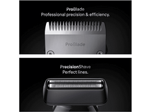 Charger l&#39;image dans la galerie, Deux images en gros plan : une de la tête de rasage et l&#39;autre des lames, avec les textes &#39;ProBlade&#39; et &#39;PrecisionShave&#39;.
