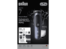 Charger l&#39;image dans la galerie, Rasoir Braun Série 7, boîte et accessoires. Les caractéristiques incluent les têtes de coupe et un étui. Texte et icônes sont affichés.
