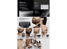 Charger l&#39;image dans la galerie, Détails de la tondeuse Braun avec visages d&#39;hommes, caractéristiques du produit et accessoires. Schéma en noir et blanc.
