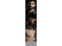 Charger l&#39;image dans la galerie, Visages d&#39;hommes avec code QR. Homme supérieur avec barbe, homme du centre et torse nu. Fond sombre.
